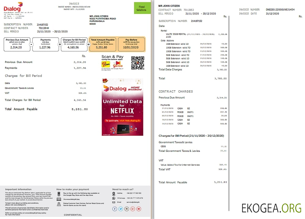 Sri Lanka Dialog utility bill template in Word and PDF format (2 pages)